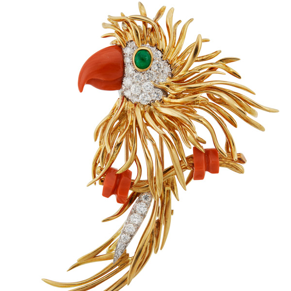 Paul-Kutchinsky-Coral-Diamond-Emerald-and-Gold-Bird-Brooch