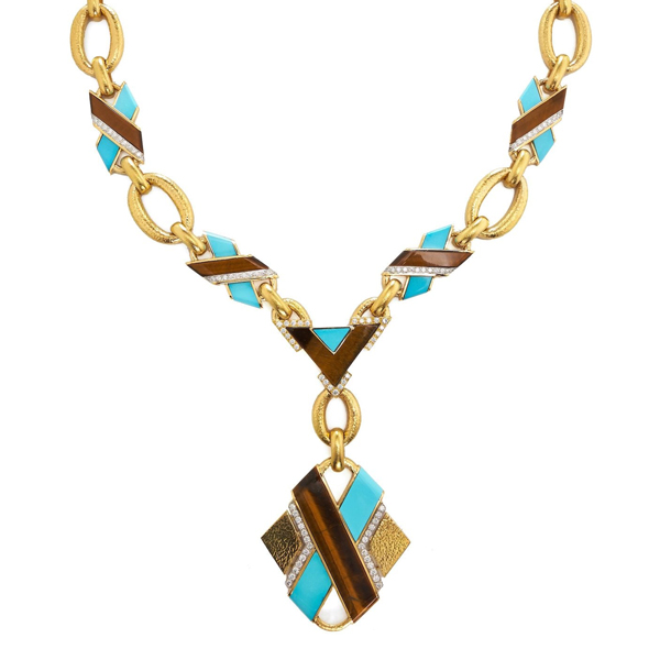 David-Webb-X-necklace-in-18k-gold-platinum-carved-tigers-eye-turquoise-and-brilliant-cut-diamonds